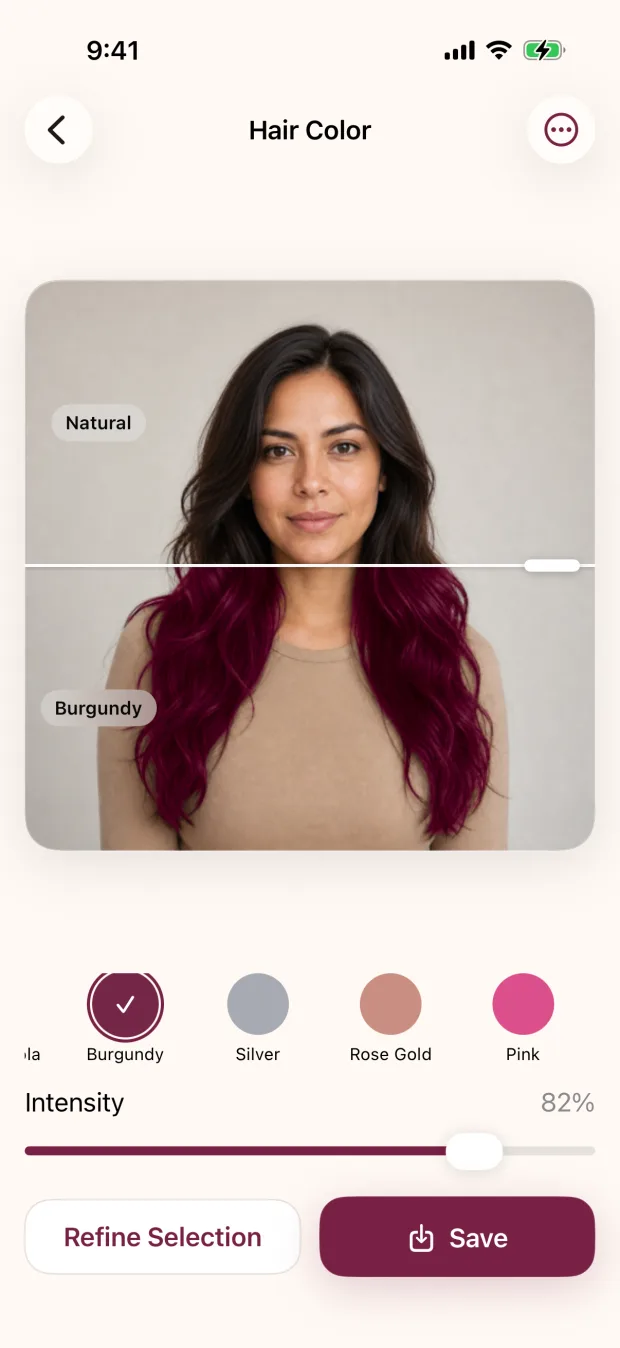 Burgundy hair color comparison in the iPhone editor
