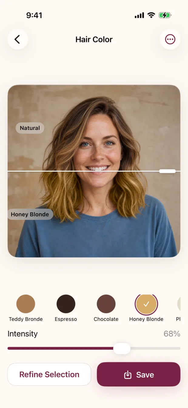 Local Hair Color editor comparing the original photo with a Honey Blonde preview