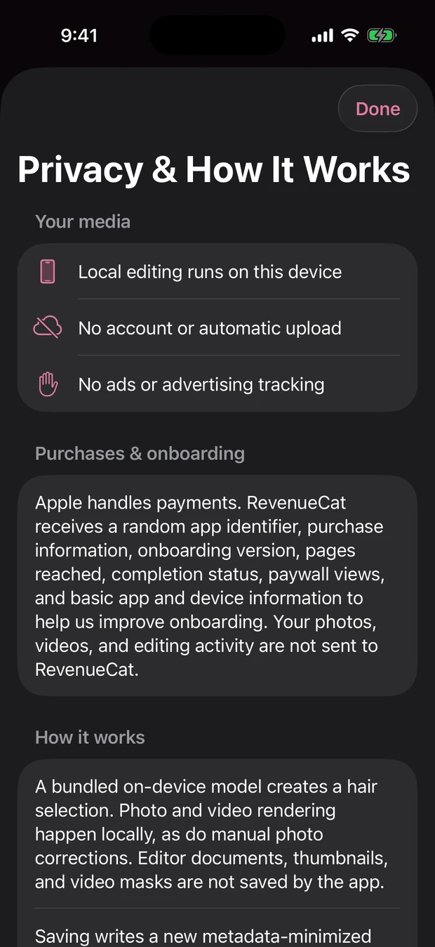 The app’s privacy screen explaining that photos are edited on the device