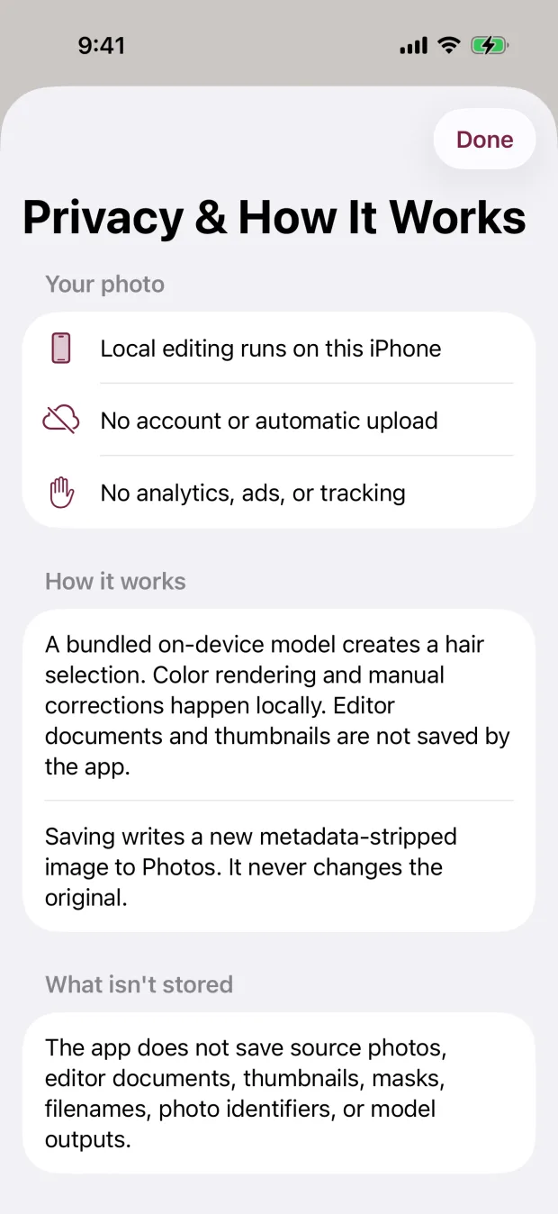 Privacy and How It Works screen explaining local editing